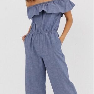 Denim Jumpsuit Romper Capri Leg Off the Shoulder lightweight